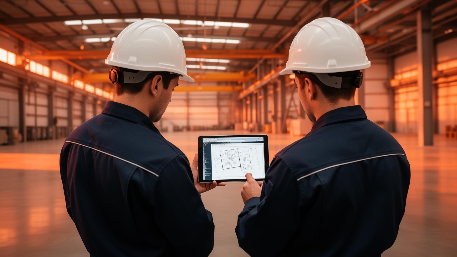 Engenheiros Vten avaliando projeto em galpão industrial